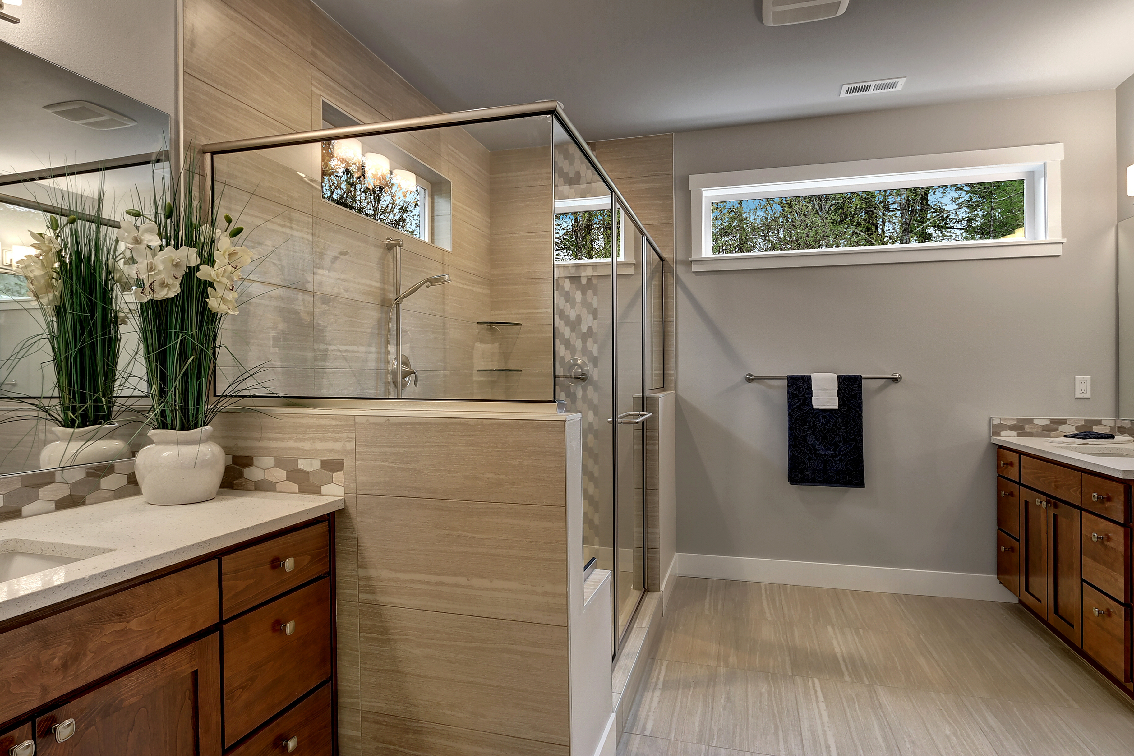 Master walk in oversized shower with bench